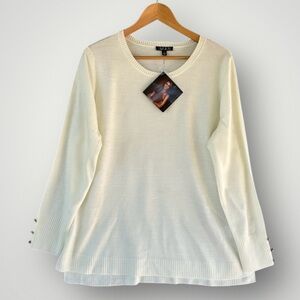 IMAN Cream Long-Sleeve Knit Sweater with Button Cuff